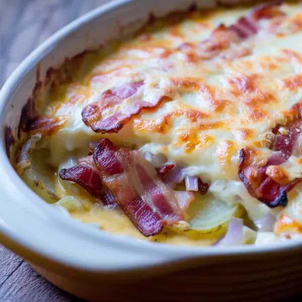 Potatisgratäng med bacon, lök och senap - enkelt recept från MatVeckan