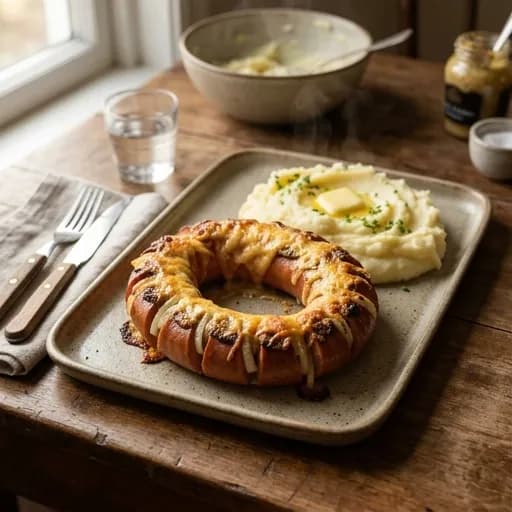 Ugnsgratinerad falukorv med senap och krämigt potatismos - enkelt recept från MatVeckan