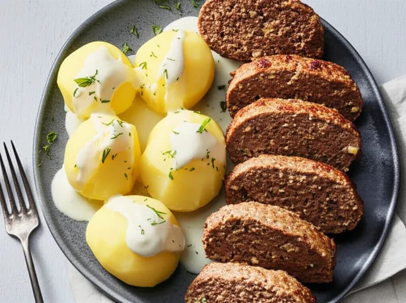 Köttfärslimpa med gräddsås och kokt potatis - enkelt recept från MatVeckan
