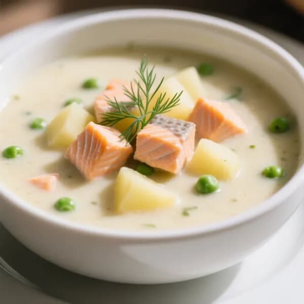 Lax- och potatissoppa med gröna ärtor, snabblagad - enkelt recept från MatVeckan