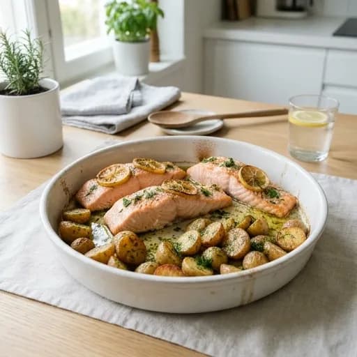 Ugnsbakad lax med citron och örtig potatis - enkelt recept från MatVeckan