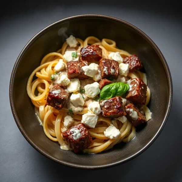 Festlig oxfilépasta med krämig fetaost och örter - enkelt recept från MatVeckan