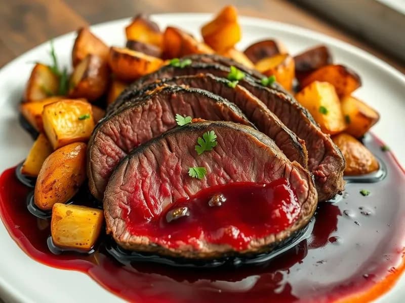 Oxfilé med tryffelrostad potatis och rödvinssås - enkelt recept från MatVeckan