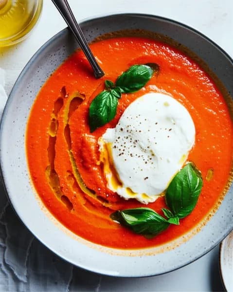 Krämig tomatsoppa med burrata och basilikaolja - enkelt recept från MatVeckan