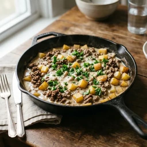 Krämig köttfärspanna med tärnad potatis och örter - enkelt recept från MatVeckan