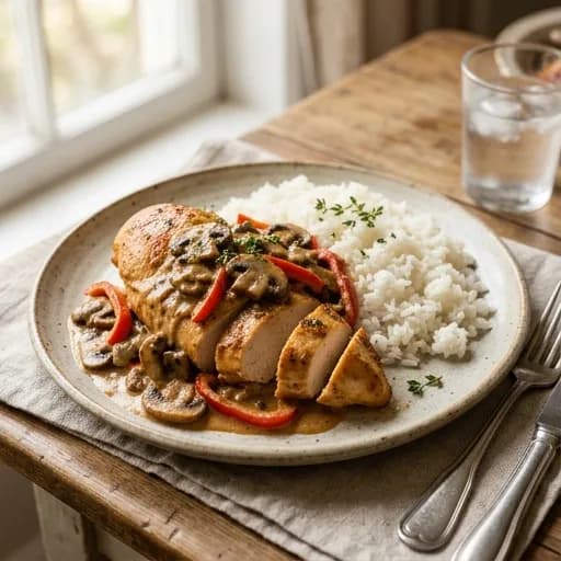 Ugnsbakad kycklingfilé med krämig svampsås och paprika - enkelt recept från MatVeckan