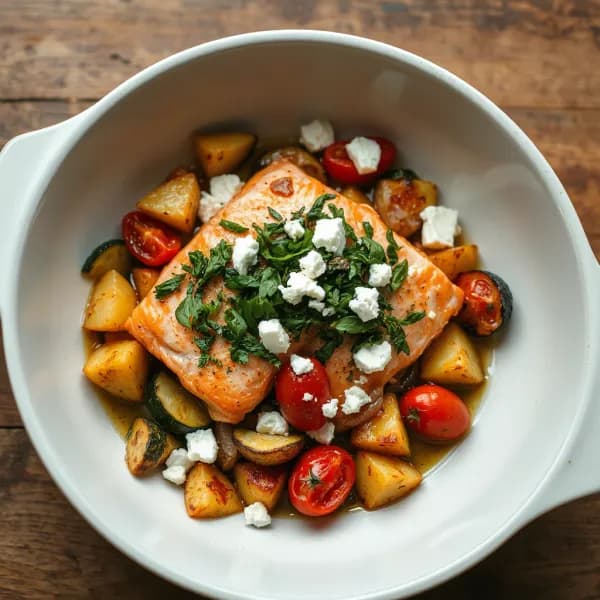 Medelhavsinspirerad lax i form med örter och rostade grönsaker - enkelt recept från MatVeckan