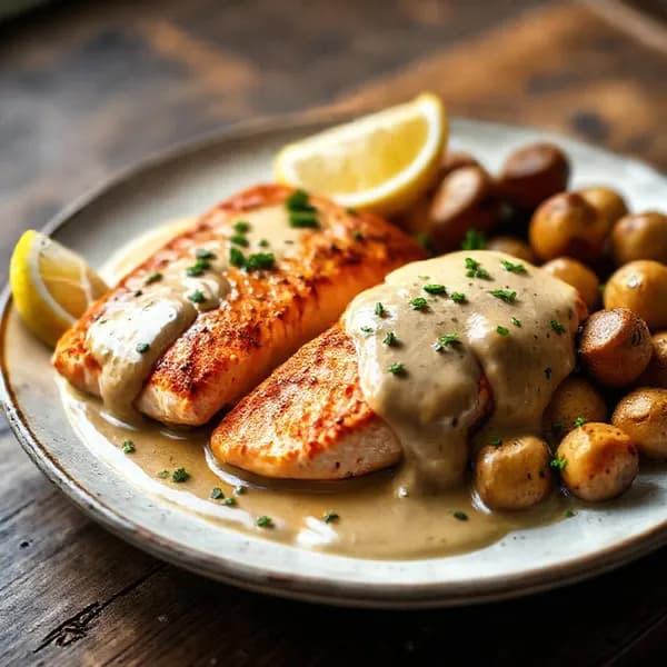 Ugnsbakad lax med krämig kantarellsås och kokt potatis - enkelt recept från MatVeckan