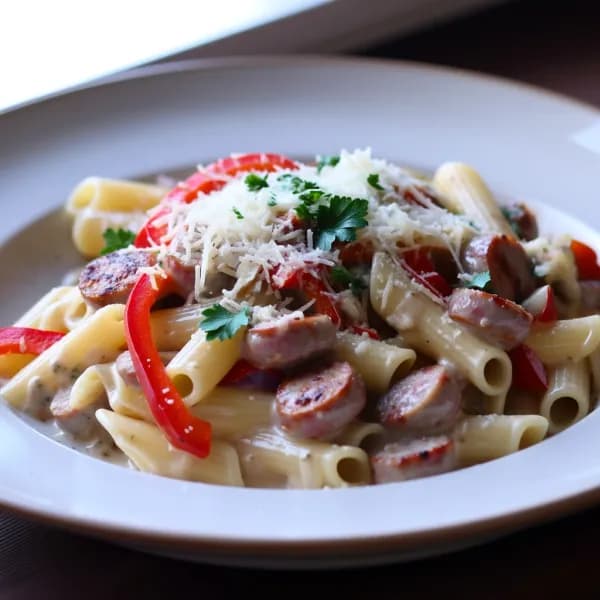 Krämig korvpasta med paprika och parmesan - enkelt recept från MatVeckan