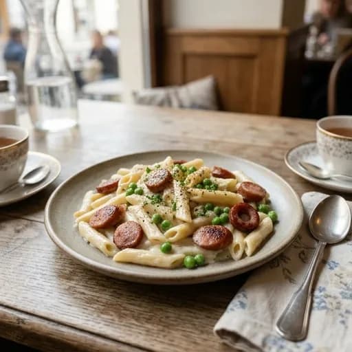 Krämig pasta med stekt korv och ärtor - enkelt recept från MatVeckan
