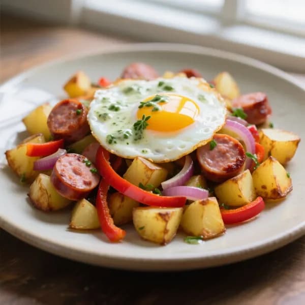 Potatispanna med korv, stekt ägg och örtdressing - enkelt recept från MatVeckan
