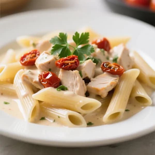 Krämig penne med kyckling och soltorkade tomater - enkelt recept från MatVeckan