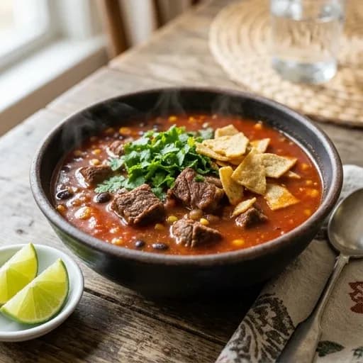 Mexikansk het nötköttssoppa med lime och koriander - enkelt recept från MatVeckan