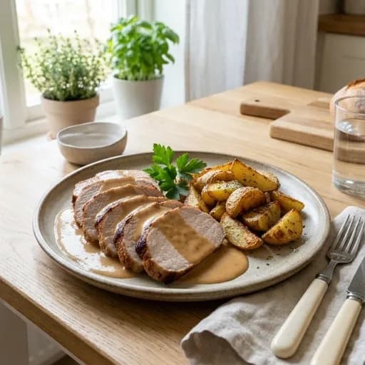 Svensk klassisk skinkstek med ugnsrostad potatis och gräddsås - enkelt recept från MatVeckan