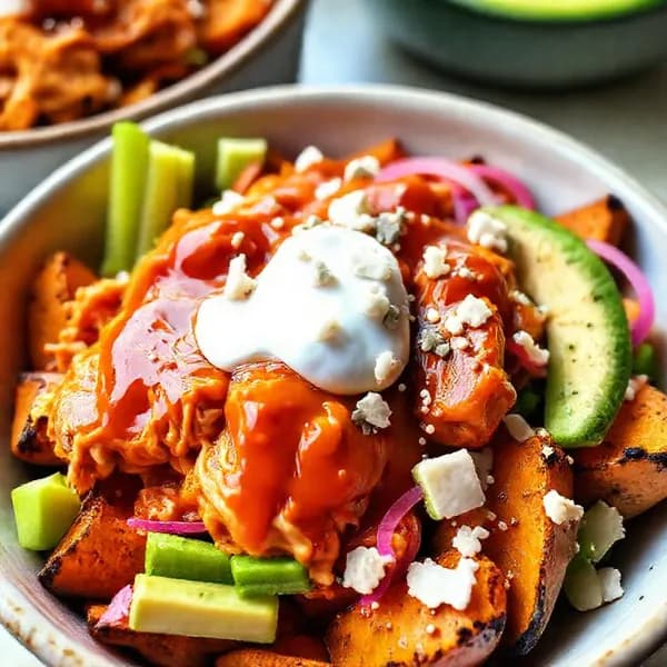 Buffalo chicken bowls med rostad sötpotatis - enkelt recept från MatVeckan