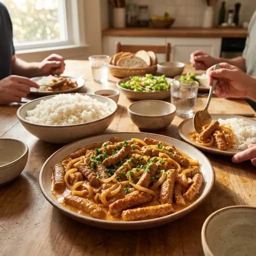 Krämig korv stroganoff med rökt paprikapulver för vardagsmiddag - enkelt recept från MatVeckan