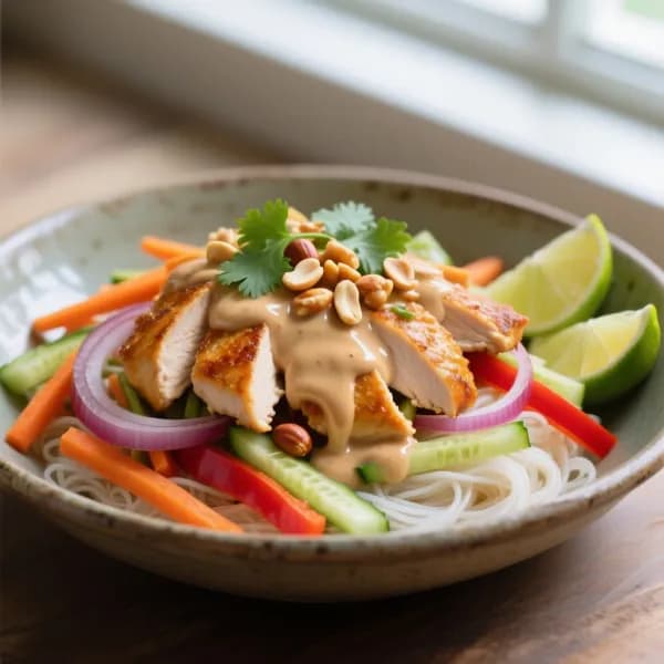 Thailändsk kycklingsallad med het jordnötsdressing - enkelt recept från MatVeckan