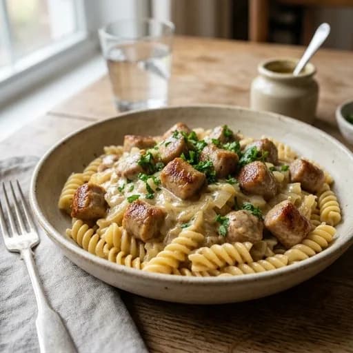 Krämig falukorvsgryta med senap och vardagsvänlig pasta - enkelt recept från MatVeckan