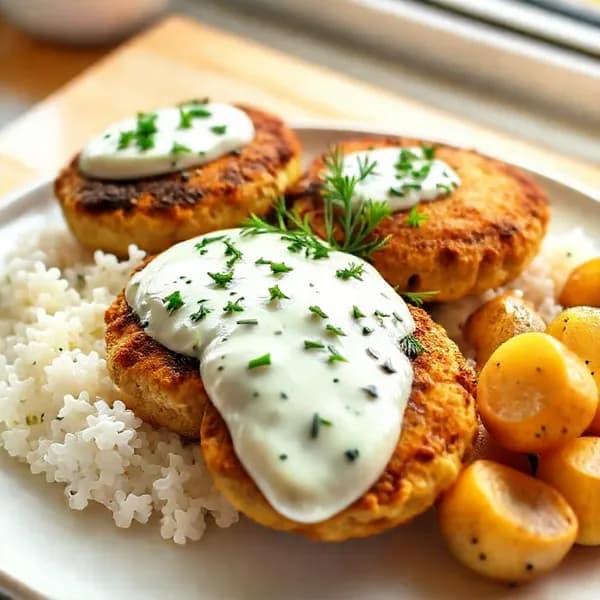 Snabba kycklingfärsbiffar med örtsås - enkelt recept från MatVeckan