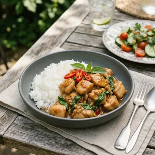 Wokad kyckling med thailändsk basilika och lime serverad med ris - enkelt recept från MatVeckan