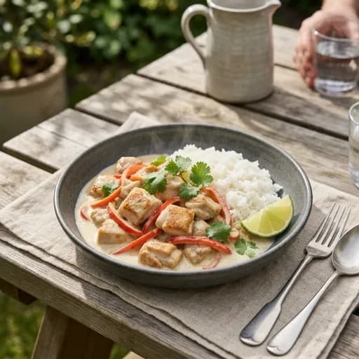 Snabb asiatisk kycklinggryta med kokosmjölk och ris - enkelt recept från MatVeckan
