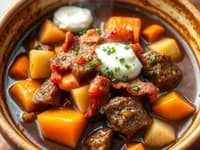 Nötköttsgryta med knaperstekt bacon och rotfrukter - veckans recept från MatVeckan