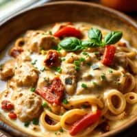 Krämig kycklingfärspasta med soltorkad tomat och paprika - veckans recept från MatVeckan