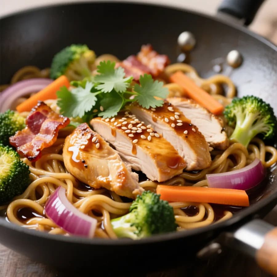 Japansk nudelwok med kyckling och krispig bacon