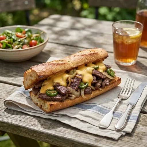 Klassisk Philly cheesesteak med smält cheddar