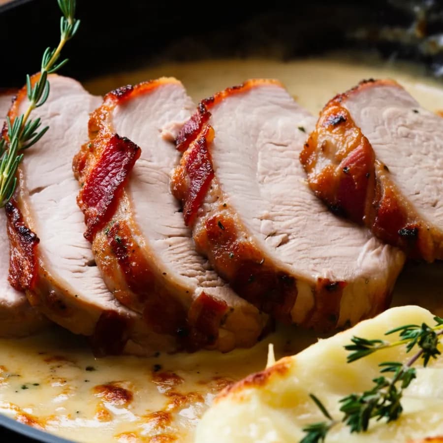 Festlig fläskfilé med bacon och krämig potatis