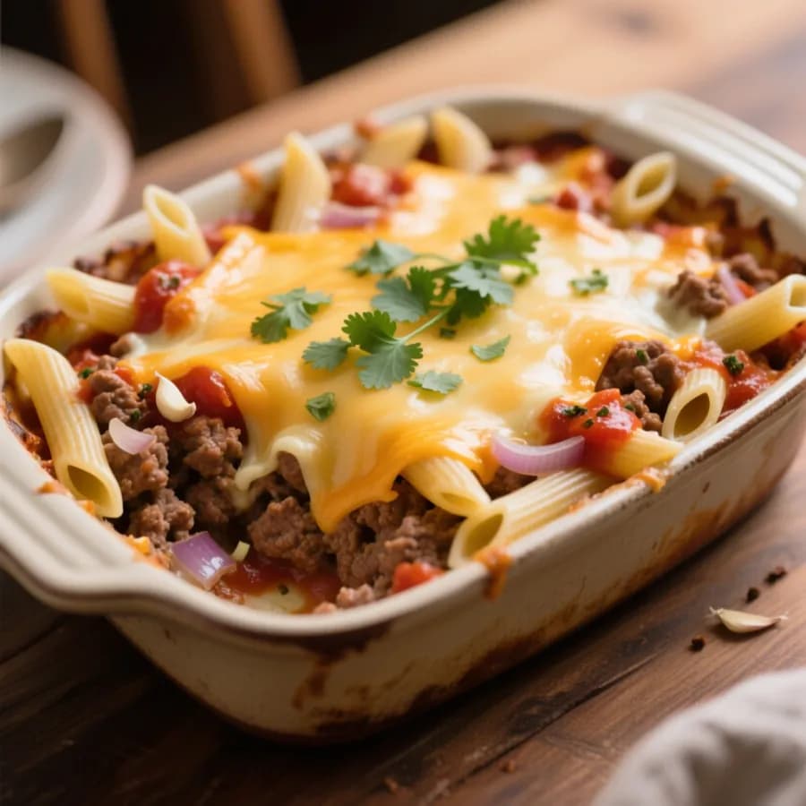 Krämig köttfärsgratäng med pasta och lök