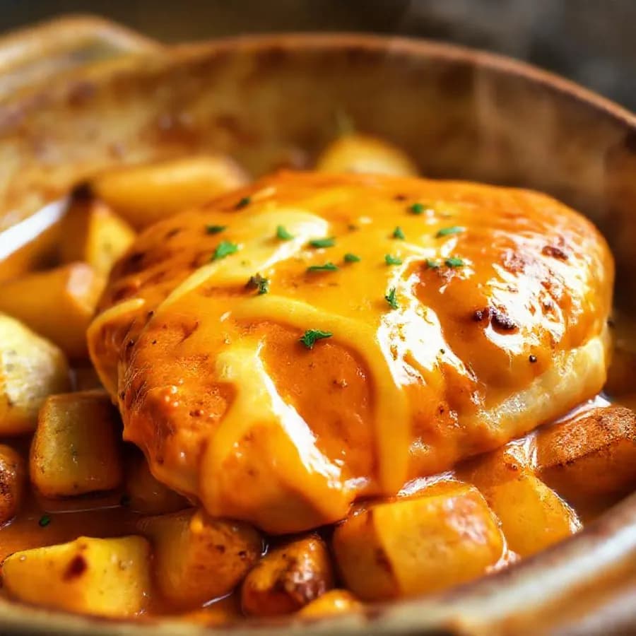 Gratinerad kycklingfilé med krämig chilisås och ugnsrostad potatis