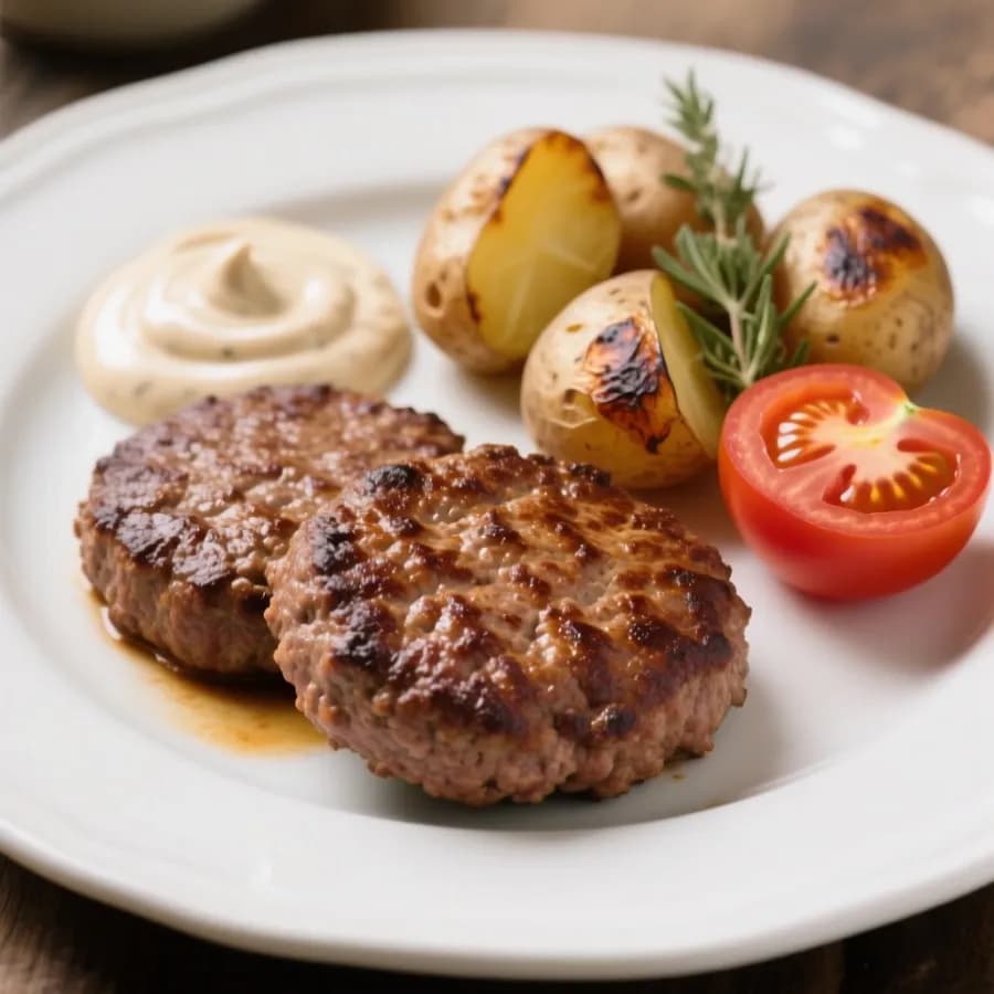 Köttfärsbiffar med krämig sås och örtpotatis