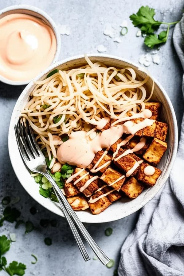 Krispig Tofu Bowl med Srirachamayo och Risnudlar
