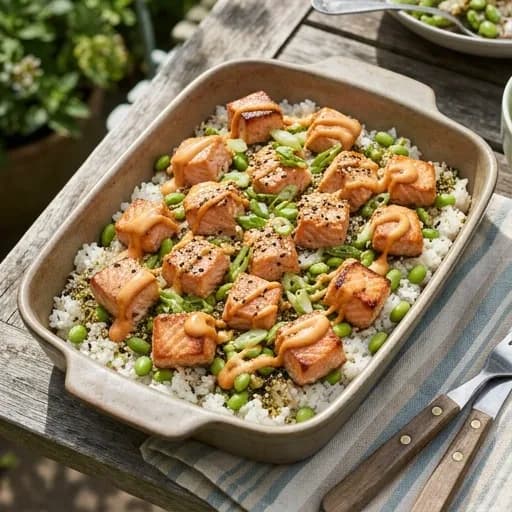 Asiatisk ugnsbakad pokegratäng med sesammarinerad lax