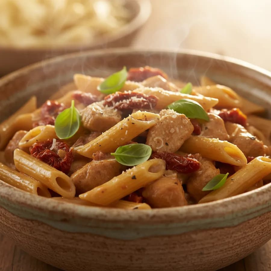 Vardagsvänlig kycklinggryta med pasta och soltorkade tomater