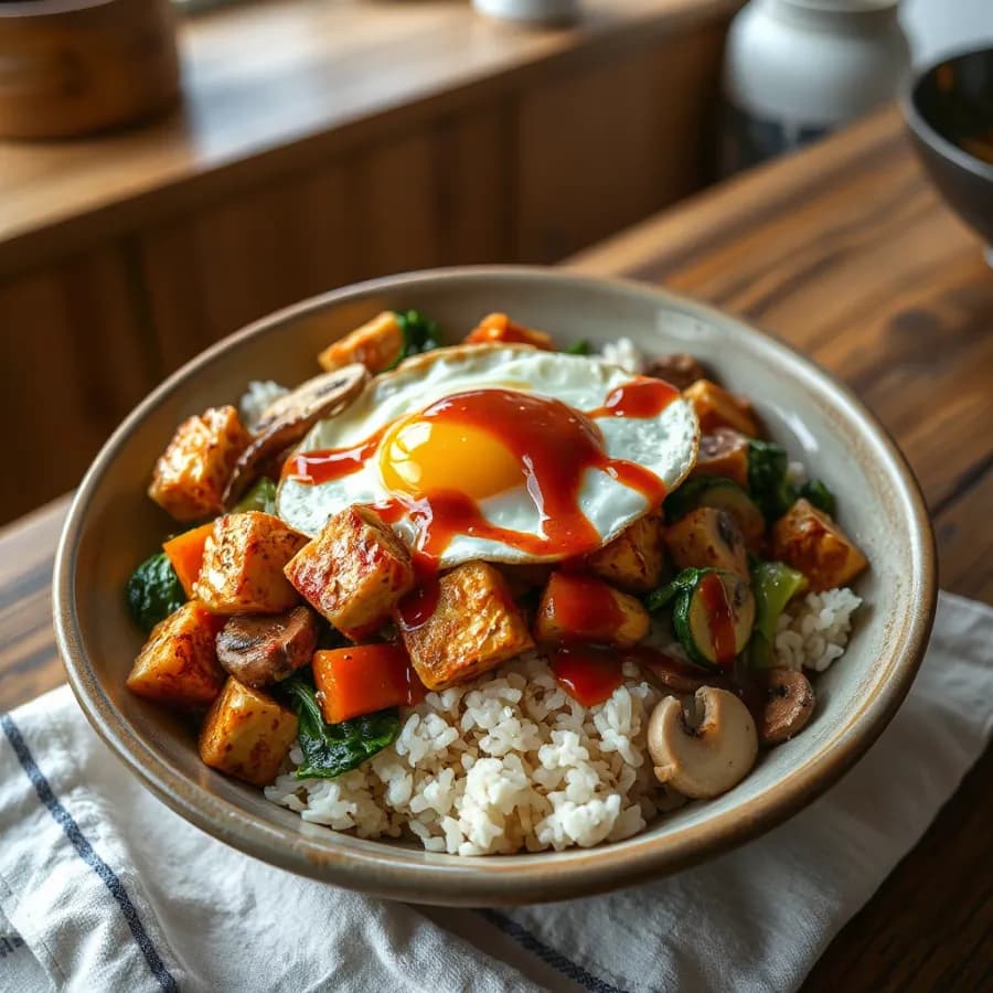 Smidig koreansk bibimbap med panerad tofu och stir-fry