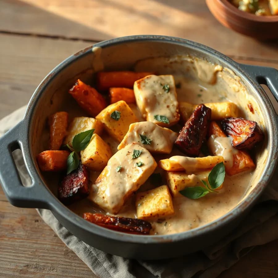 Ugnsbakad krämig halloumi med ugnsrostade rotfrukter