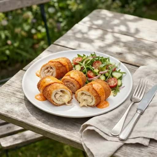 Friterad rulle med krämig kycklingfyllning och chilimajonnäs - enkelt recept från MatVeckan