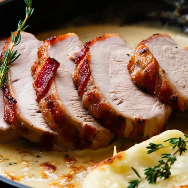 Festlig fläskfilé med bacon och krämig potatis - enkelt recept från MatVeckan