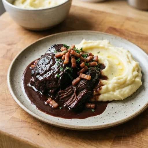 Långkokt oxkind i rödvinssås med krämigt potatismos - enkelt recept från MatVeckan