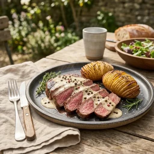 Ryggbiff med krispig hasselbackspotatis och krämig fempepparsås - enkelt recept från MatVeckan