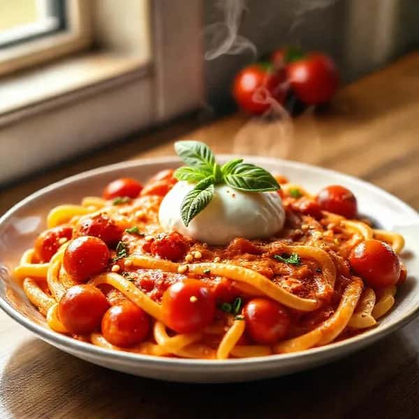 Krämig burrata pasta med körsbärstomat och chili - enkelt recept från MatVeckan