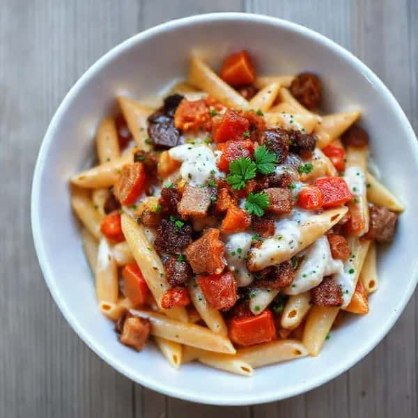 Snabb bacon- och paprikapasta med creme fraiche – glutenfri - enkelt recept från MatVeckan