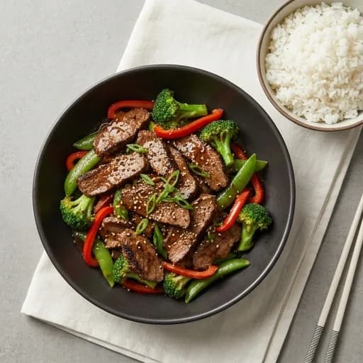 Wokad oxfilé med ostronsås och krispiga grönsaker - enkelt recept från MatVeckan
