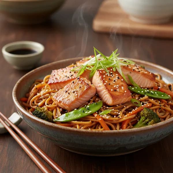 Asiatisk nudelwok med ingefärslax - enkelt recept från MatVeckan