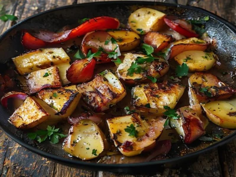 Rustik grillpanna med halloumi, knaperstekt bacon och färskpotatis - enkelt recept från MatVeckan