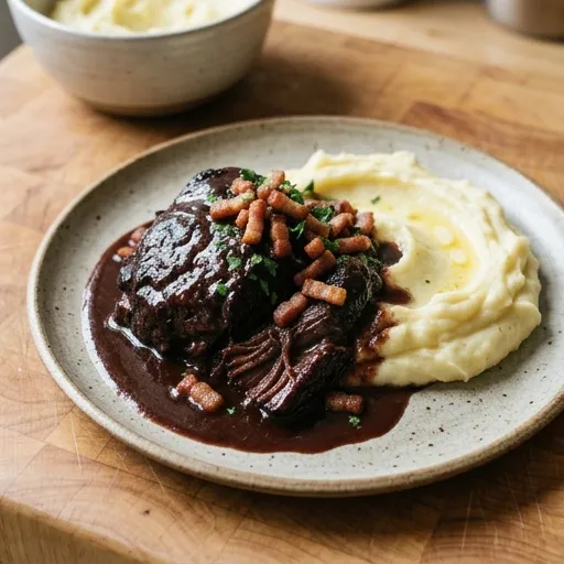 Långkokt oxkind i rödvinssås med krämigt potatismos